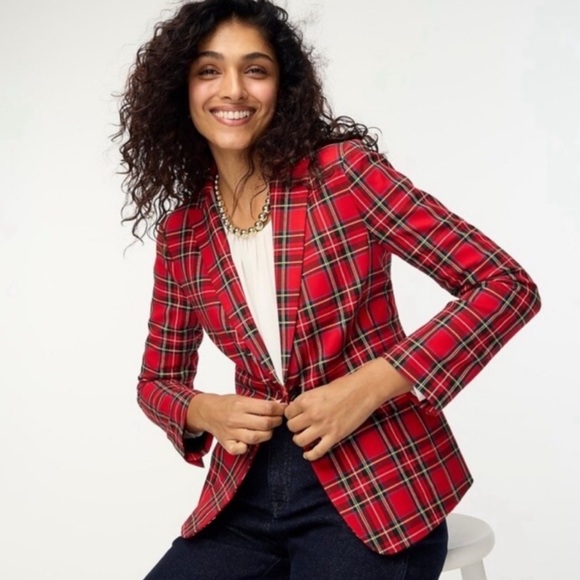J Crew Factory Tartan Plaid Blazer Womens Size 2 Red Stretch 2 Button Classic - Picture 1 of 13
